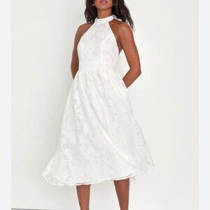 Lulu’s Gorgeous Look White Floral Burnout Halter Tie Neck Midi Dress, NWT Size M